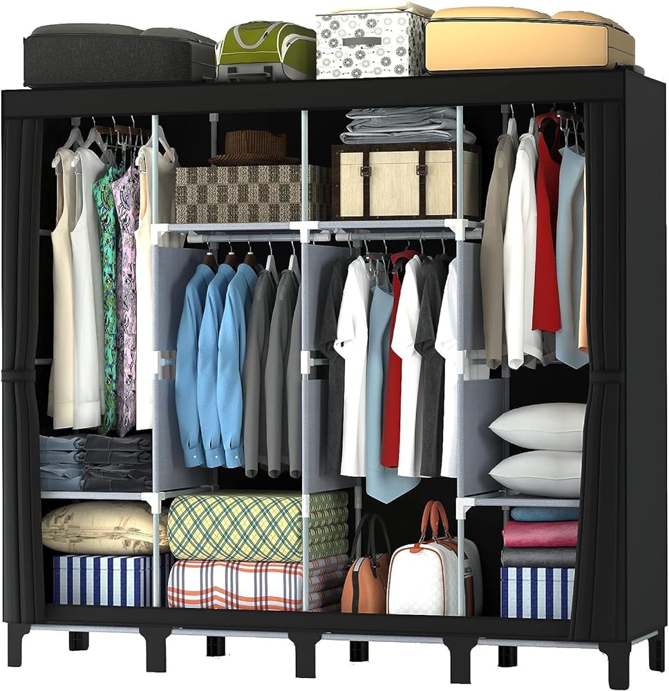 LOEFME Fabric Wardrobe with Hanging Rails and Side Pockets