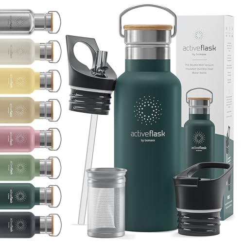 Stainless Steel Water Bottle with Straw, Infuser + 3 Lids: BPA-free, Leakproof, Carbonation Compatible