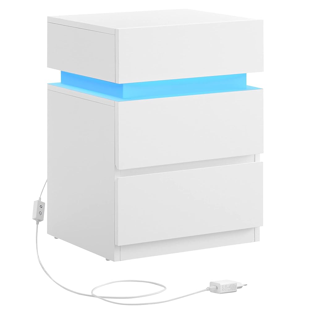 VASAGLE LED Bedside Table with 3 Drawers, White LET630T10