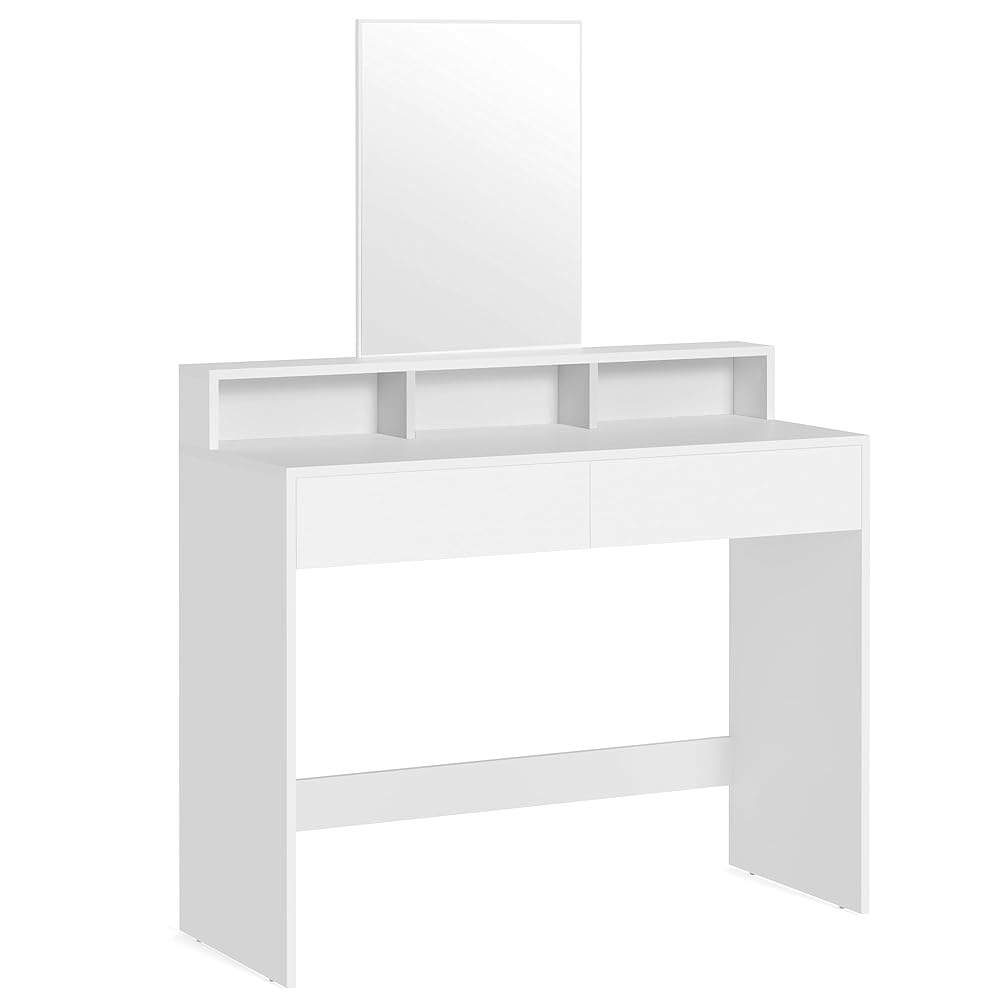 VASAGLE Makeup Vanity Table with Mirror, Drawers, and Open Shelves, Modern White RDT163W01